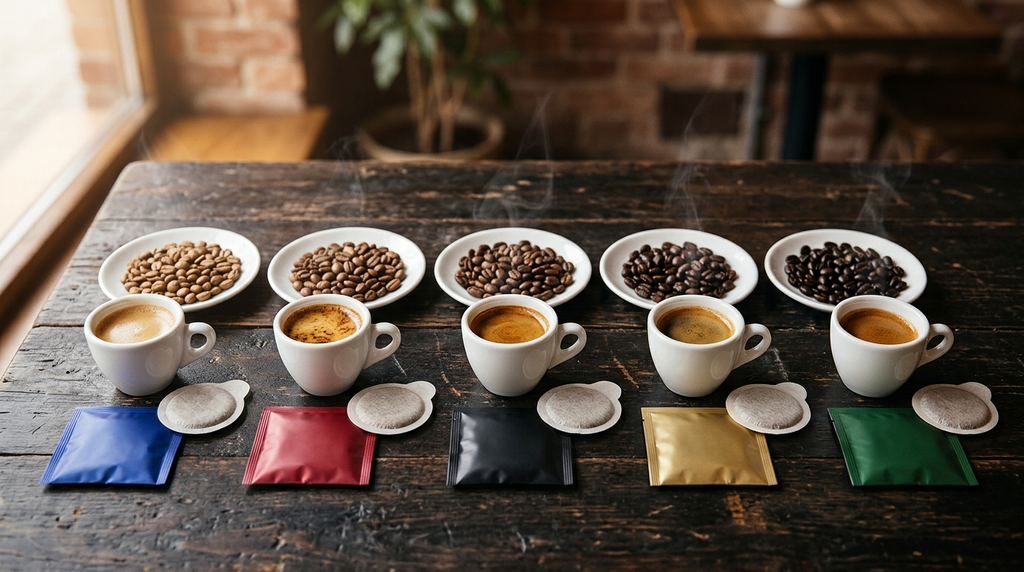 Degustazione comparativa delle 5 miscele: le diverse tonalità della crema dell'espresso e le tostature dei chicchi dal nero intenso all'oro aromatico.