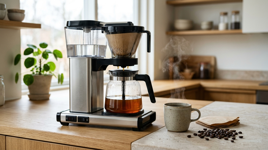 L'estrazione del caffè filtro: percolazione per gravità con acqua calda a 93°C, caraffa in vetro e tazza mug da degustazione.